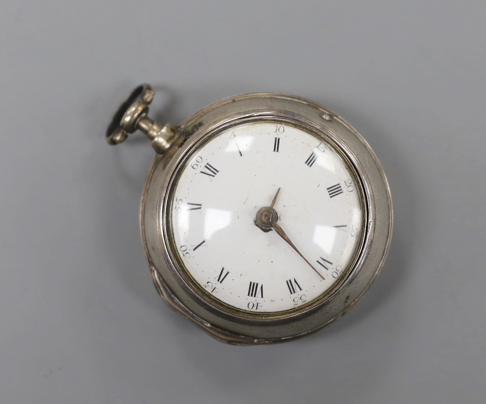 A George III silver pair cased keywind verge pocket watch, by J. Radford & Sons, Leeds, with Roman dial.